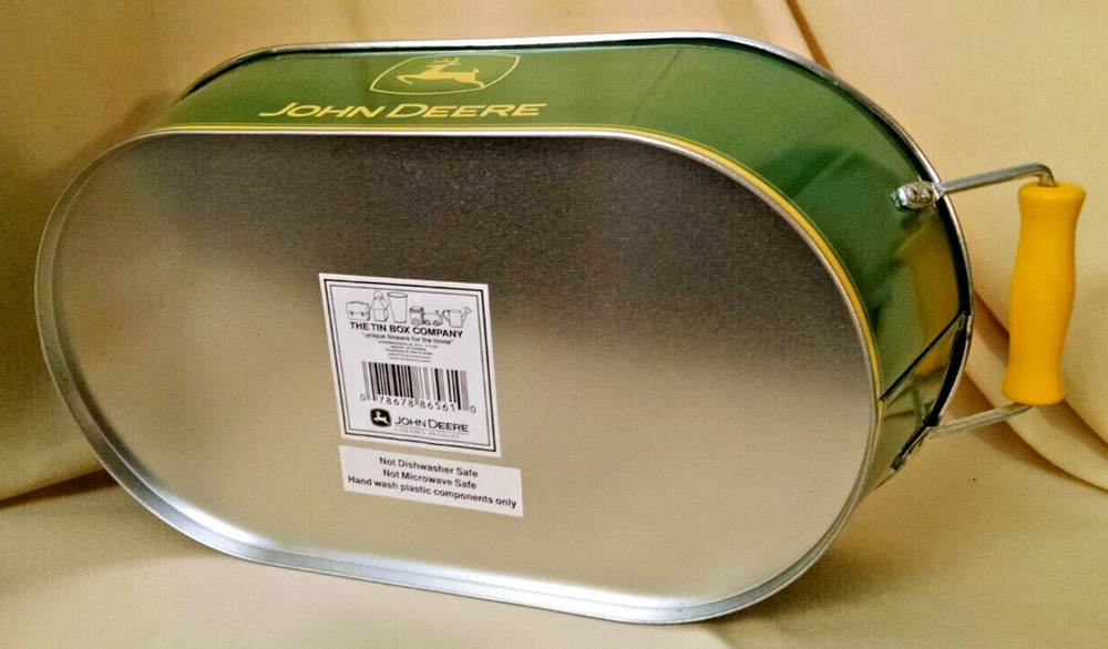 JOHN DEERE CADDY 2 COMPARTMENT NEW TIN BOX CO PLASTIC INSERT WOODEN HANDLES BOX.