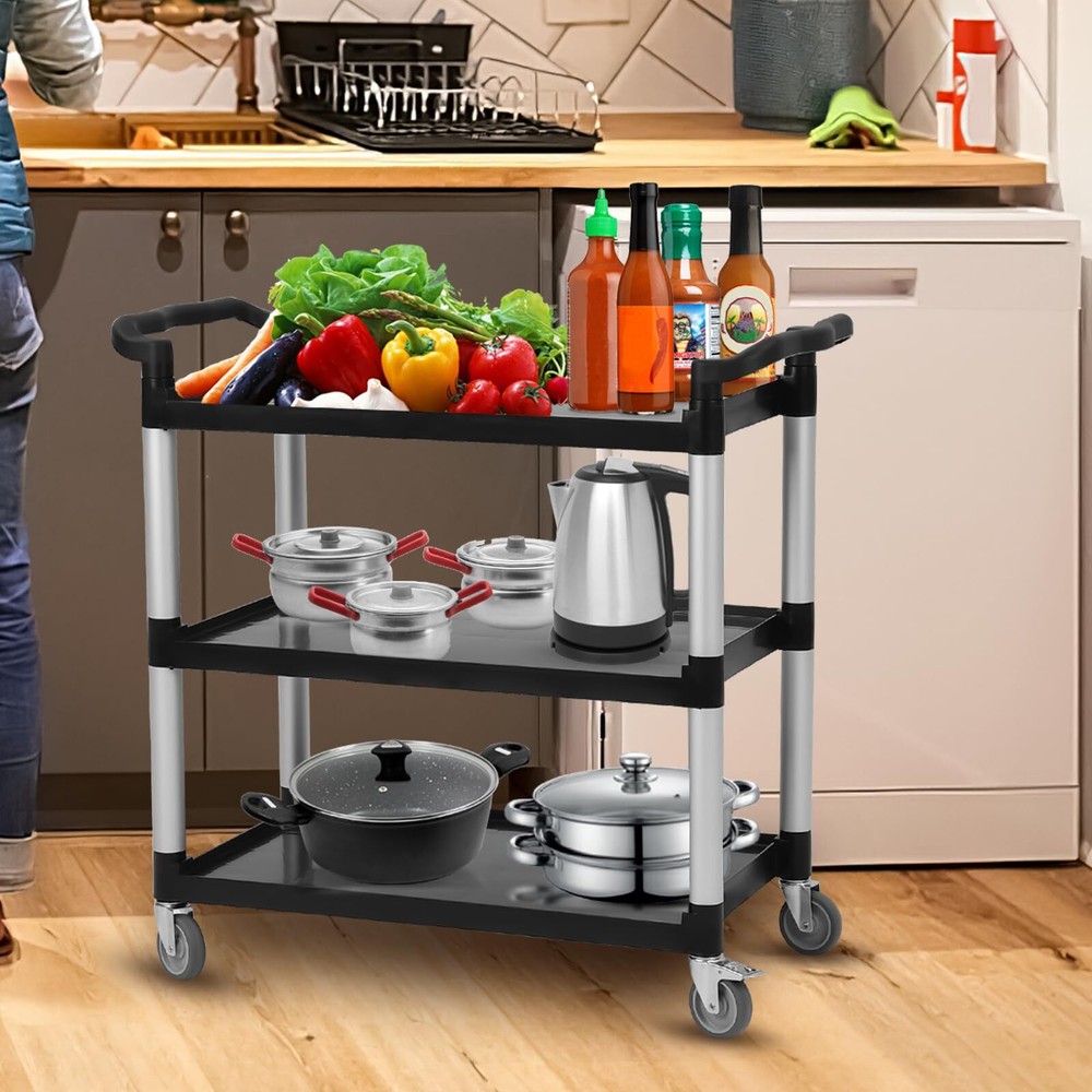 Service Cart 3-Shelf Rolling Utility Push Cart Tool Storage with Lockable Wheels