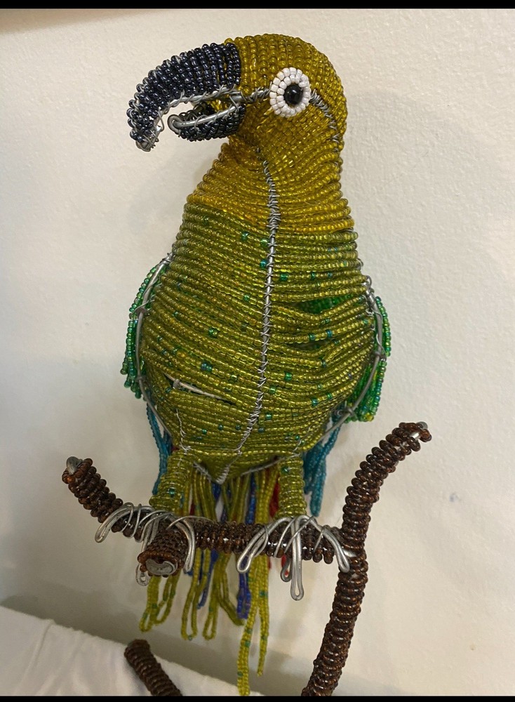 Hand Crafted Beaded Wired Parrot Bird On Perch