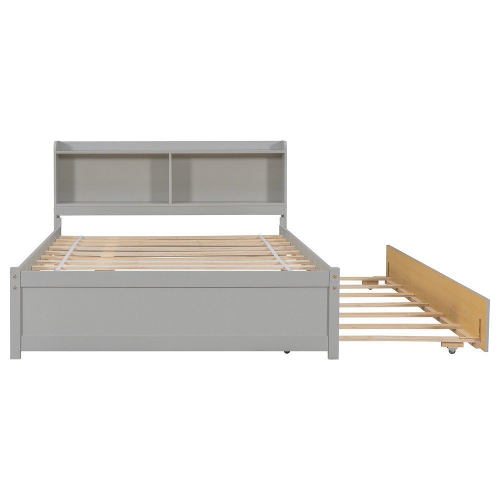 Full Size Wood Platform Bed Frame with Trundle & Storage Headboard Gray/Espresso