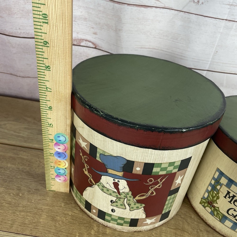 Christmas Round Nesting Stacking Storage Box Set 3 Pc Snowman Primitive Country