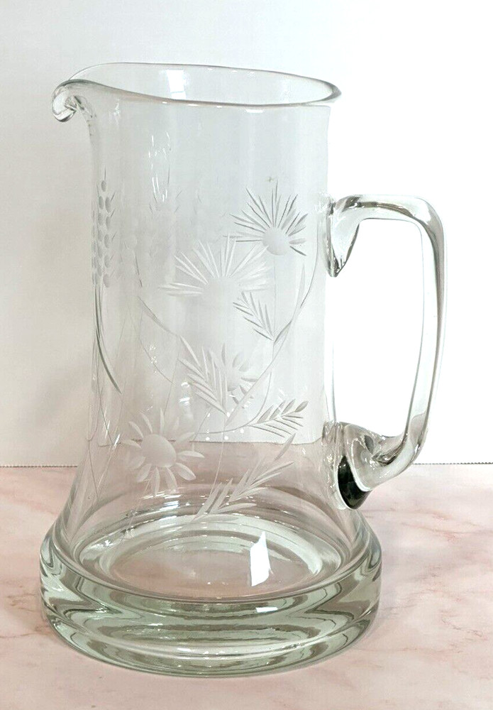 Pitcher Heavy Clear Glass Water Pitcher with Etched Floral Pattern 10” Tall
