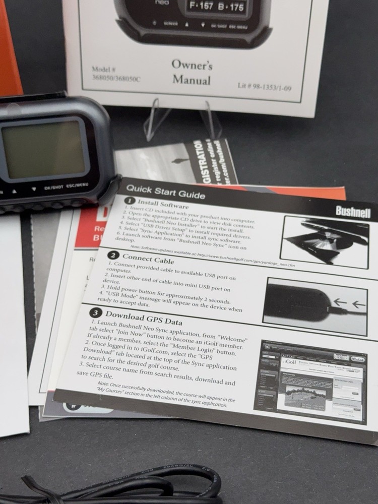 Bushnell Neo Golf GPS Rangefinder, Wall Charger USB Cable Software CD Belt Clip