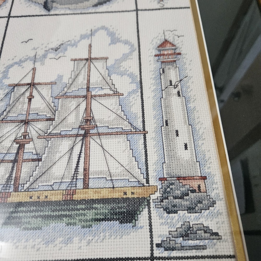 Framed Maritime Sampler Cross Stitch Beautiful Frame Dated Christmas 1996 Sea