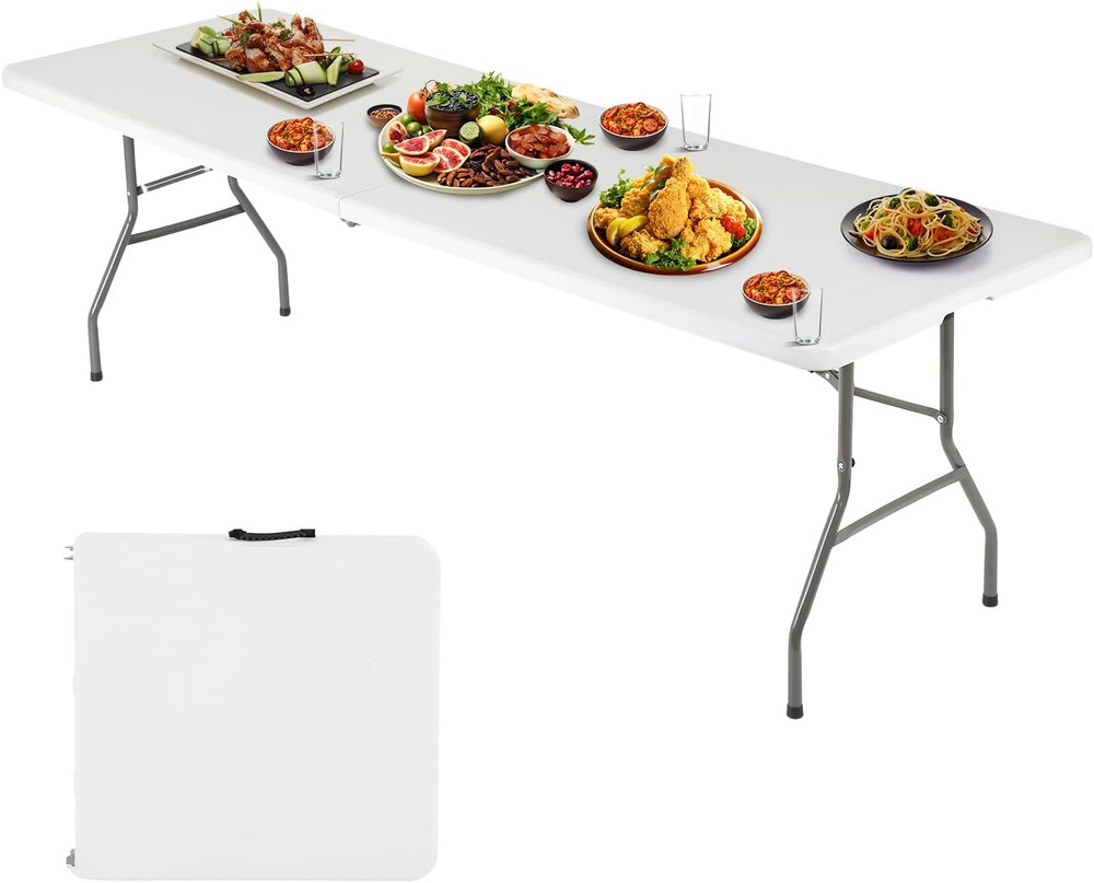 6FT Folding Table, Portable Fold-In-Half Plastic Picnic Party Table with Carryin