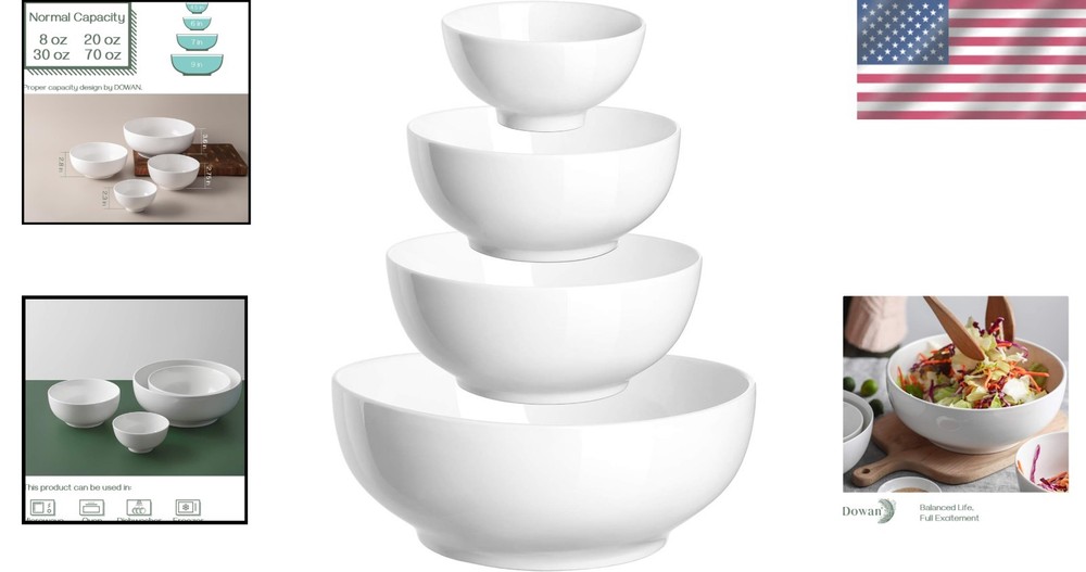 Versatile Mixing Bowl Set - 4 Soft White Ceramic Bowls for Every Kitchen Need