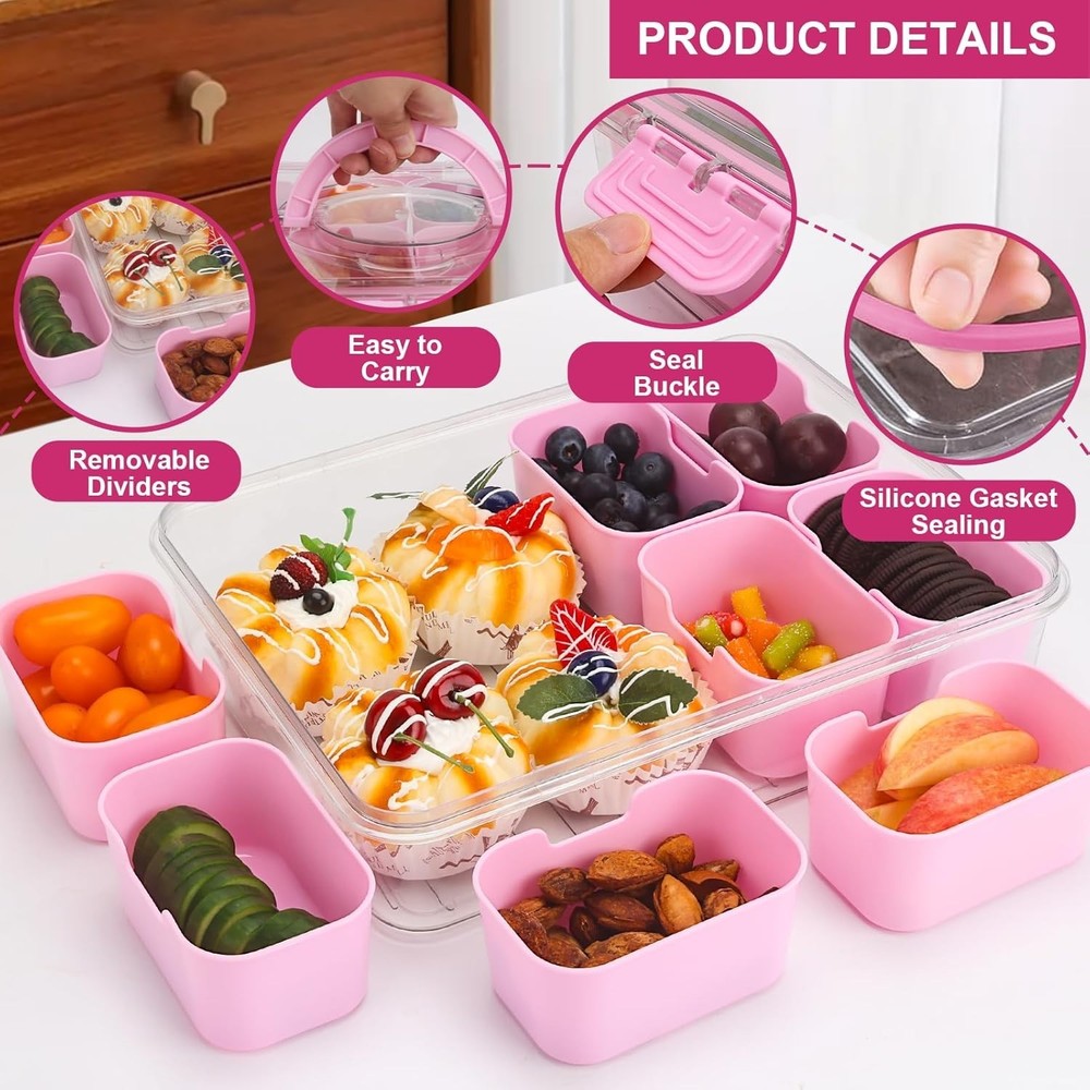Portable Pink Snack Tray with Lid, 8 Compartment