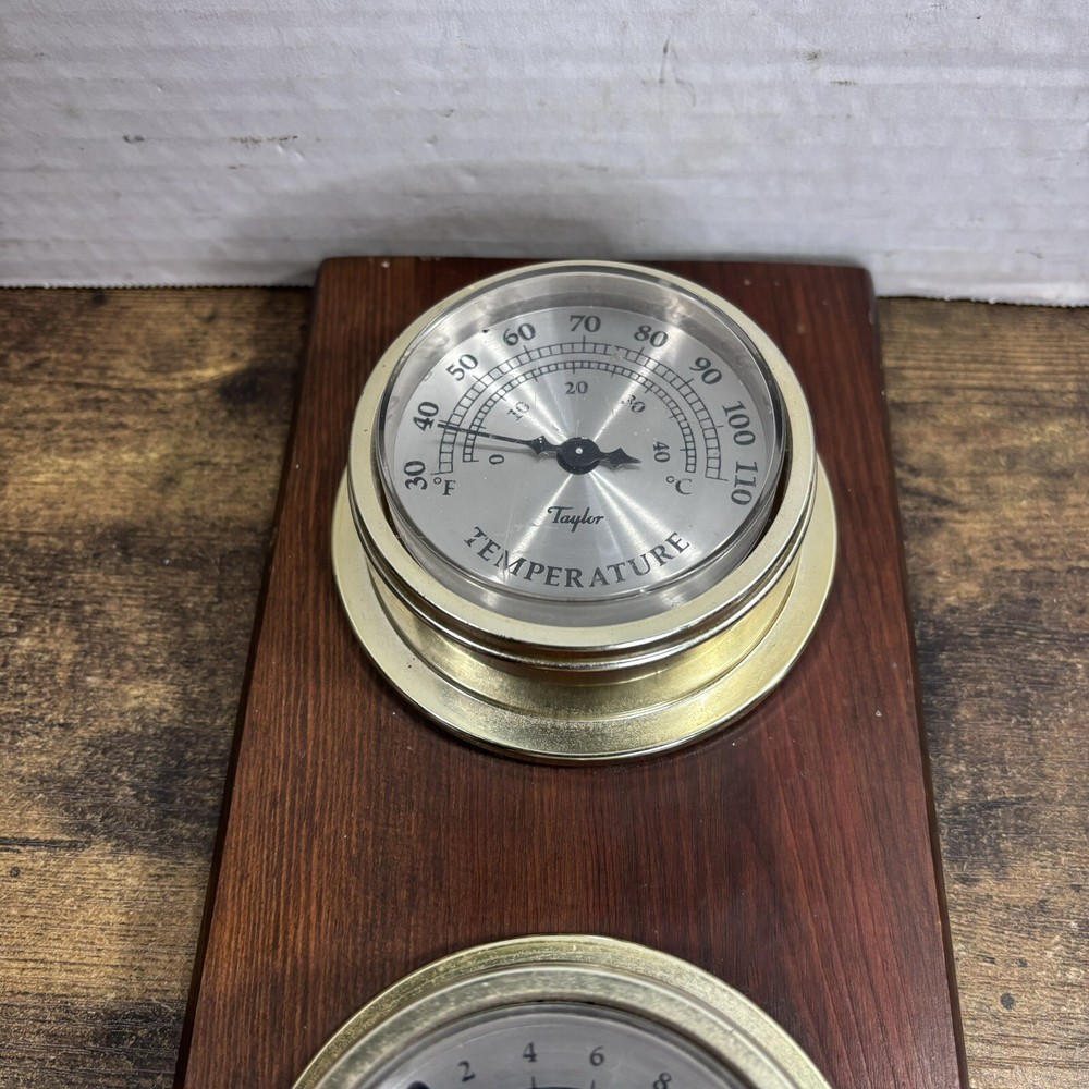 Vintage Taylor Thermometer Hygrometer Weather Station Combo On Solid Oak Panel