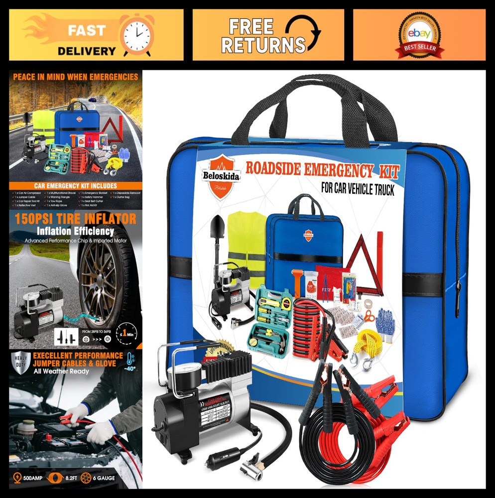 Emergency Car Kit - Roadside Tool Set with Air Compressor, Jumper Cables & First
