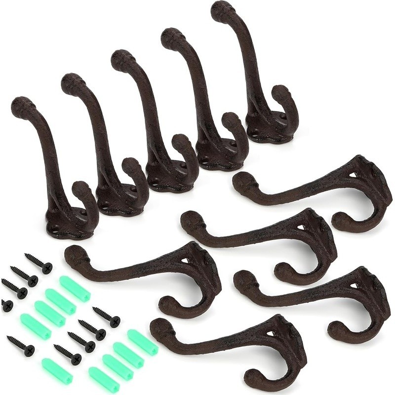 10 Pack Heavy Duty Cast Iron Double Hook Wall Mount Coat Hooks Home Storage New