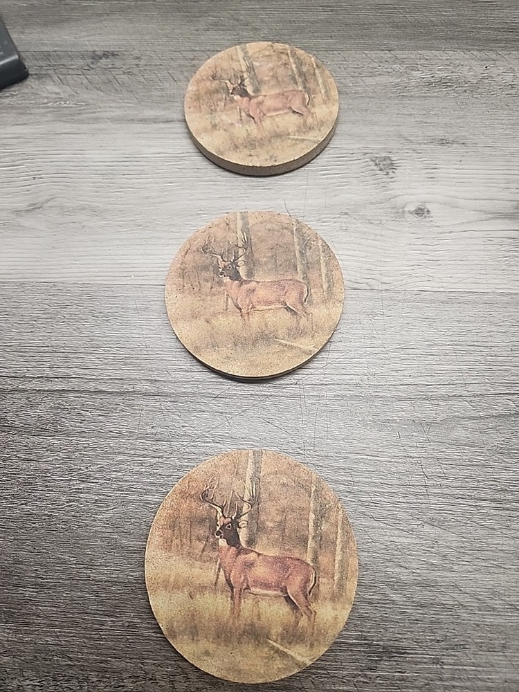 Stoneware Set Of 3 Buck Deer On Coaster