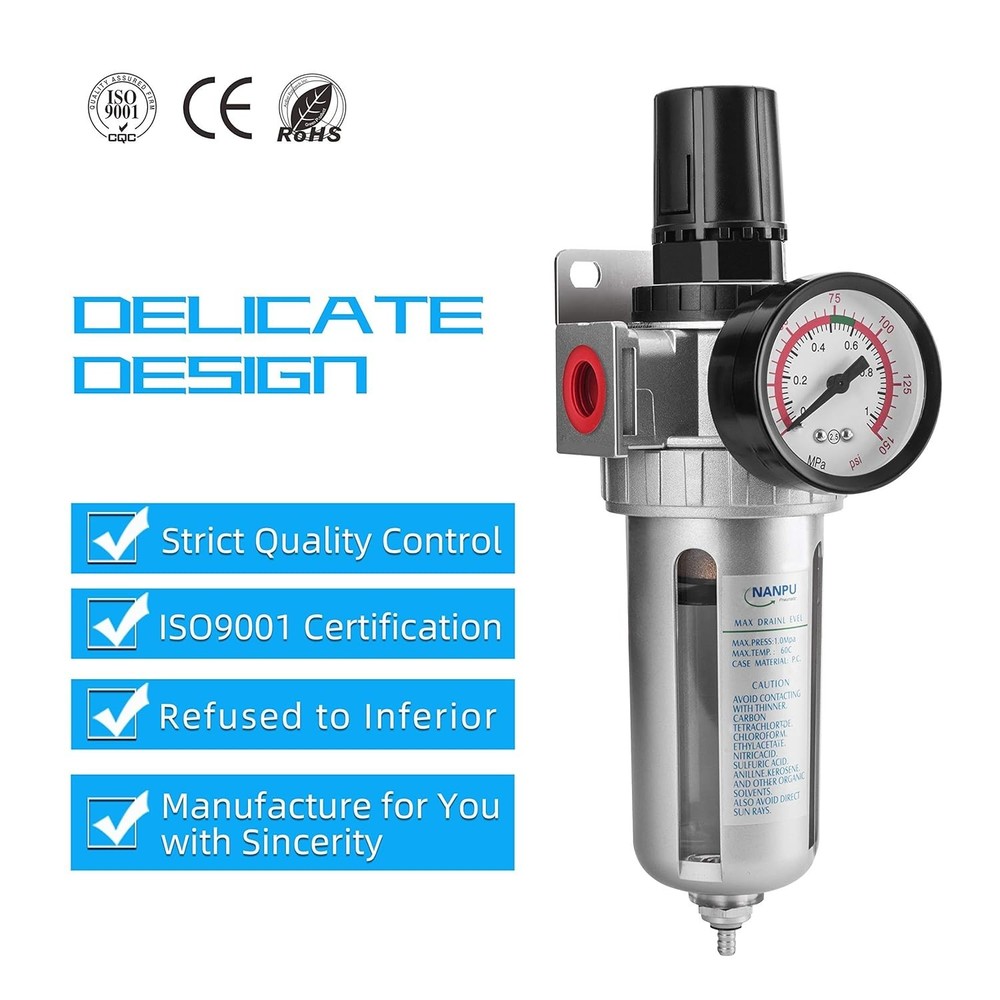 Compressed Air Filter Regulator Combo 1/2" NPT Water Separator Gauge Kit