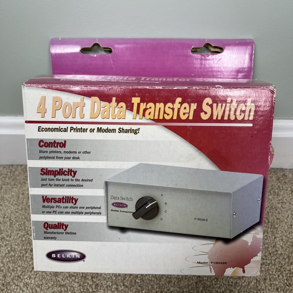 Belkin 4-Port Data Transfer data Switch Model F1B028E UNTESTED IN Original BOX