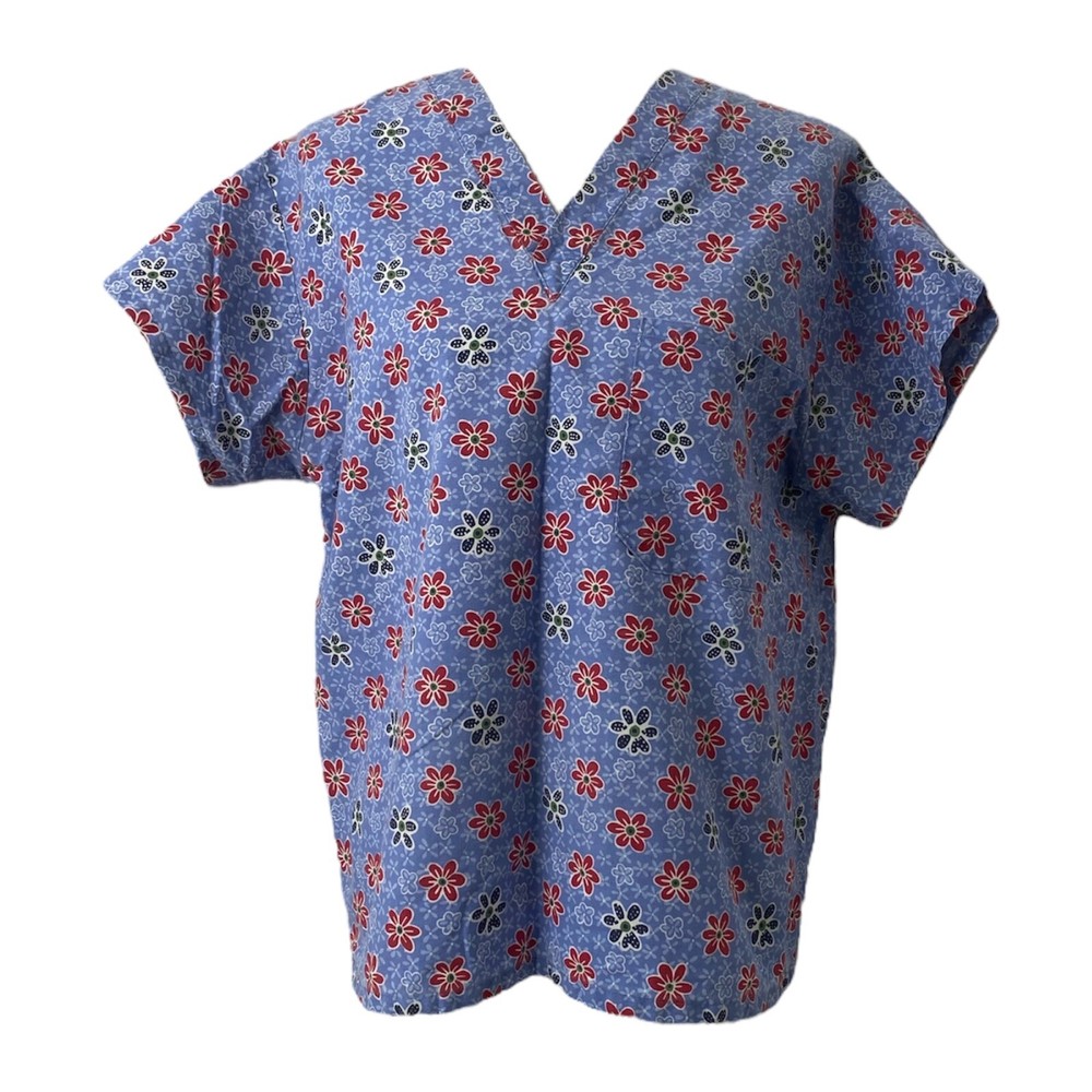 Scrubs Top Womens Medium Unbranded Purple Multicolor Flower Pattern Short Sleeve