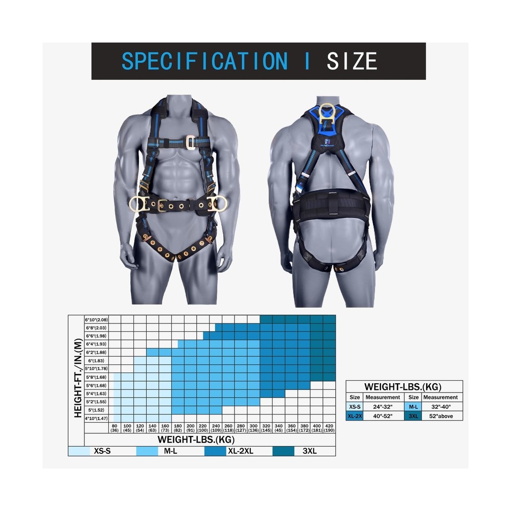 Fall Protection 5pt Full-Body Safety Harness, Vented & Padded Shoulder, Back ...