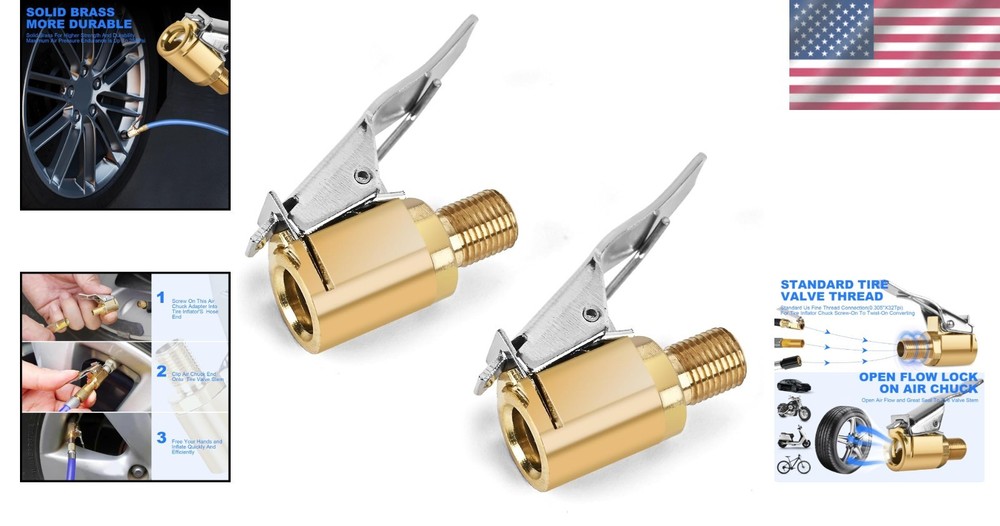 2-Piece Brass Tire Inflation Nozzle Set - Locking Chuck for Secure Performance