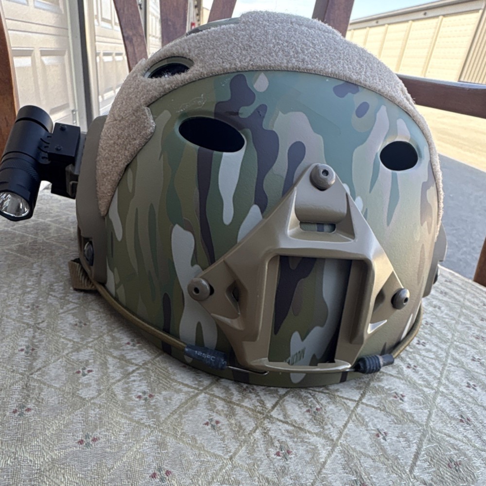 MULTICAM Tactical Camouflage Helmet with Rail System and Mounted Light