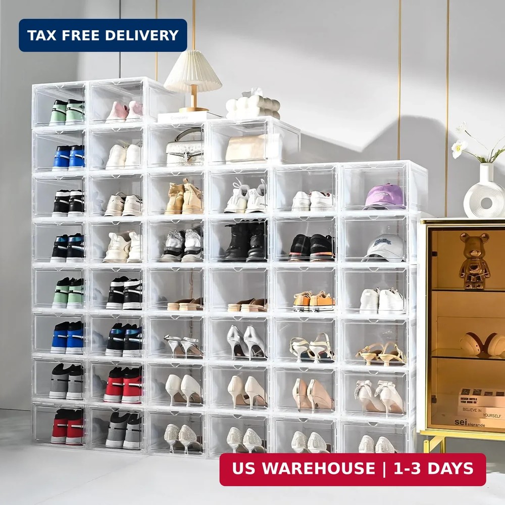 Large Shoe Boxes Clear Plastic Stackable，Drop Front Shoe Box with Clear Door, Sh