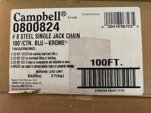Campbell 0800824 Weldless Single Jack Chain #8 Trade 100ft.