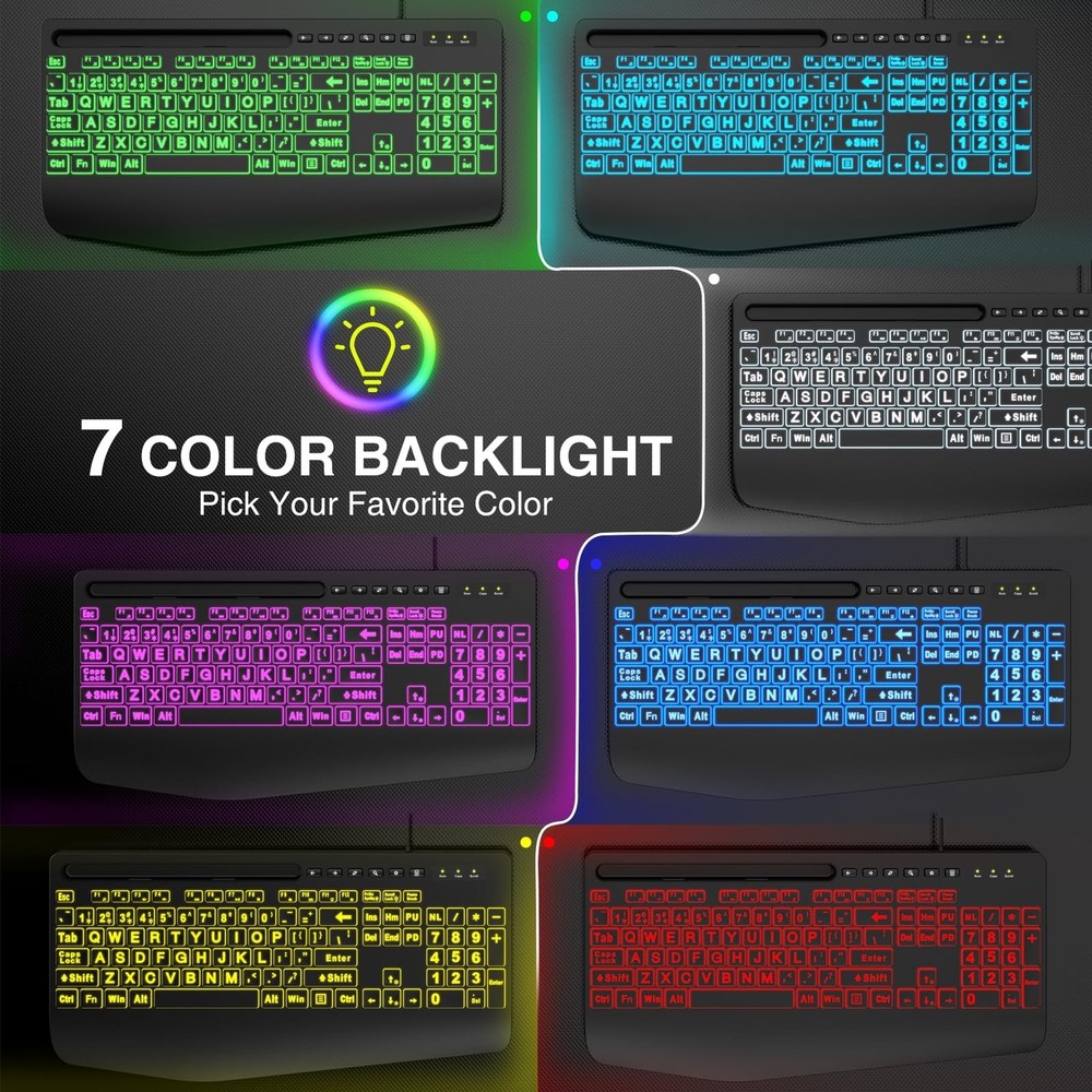 SABLUTE Large Print Backlit Keyboard, Wired USB Computer Keyboards with 7-Col...