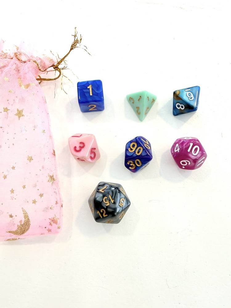 Polyhedral Dice Set Dungeons & Dragons Pink Blue Green Black Marbled Plastic 7pc