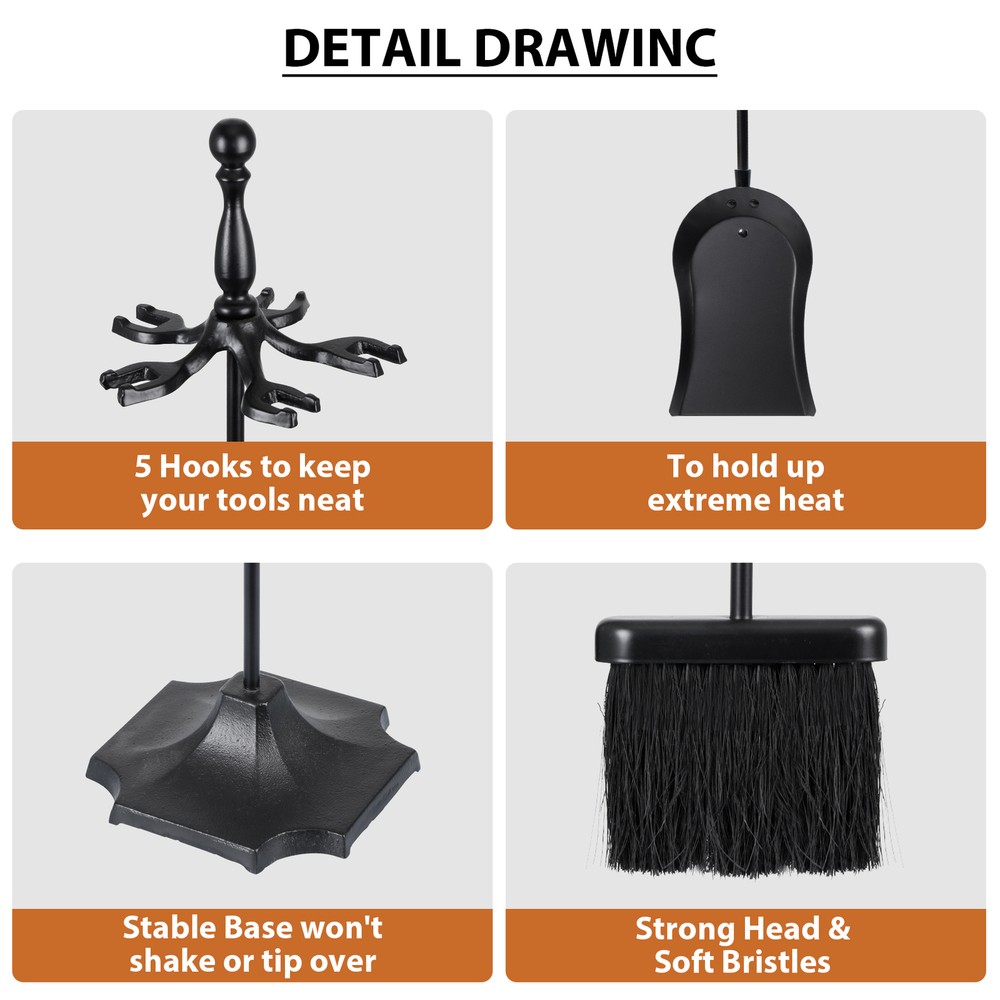 Fireplace Tools Set 5 PCS Fireside Accessories Fire Kit Set Indoor Outdoor Black