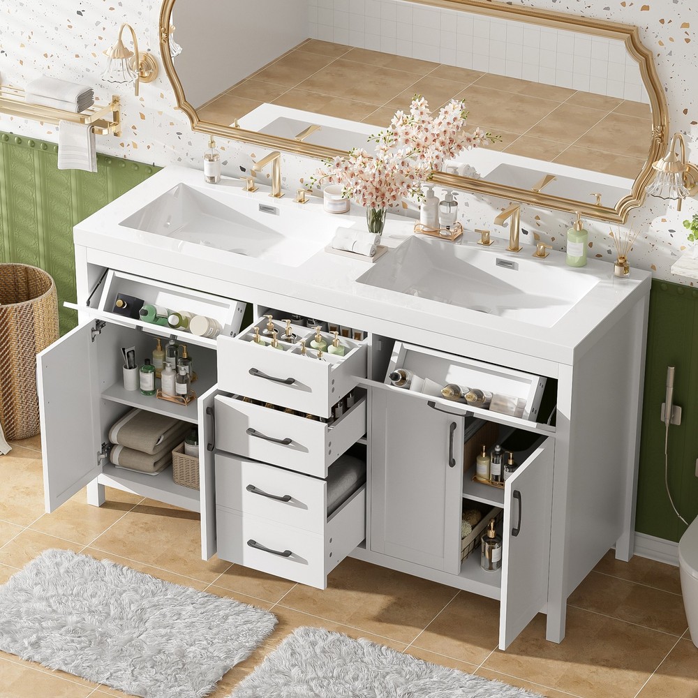 59.3" Bathroom Vanity with Solid Wood Frame, Double SMC Sink,4 Doors, 3 Drawers