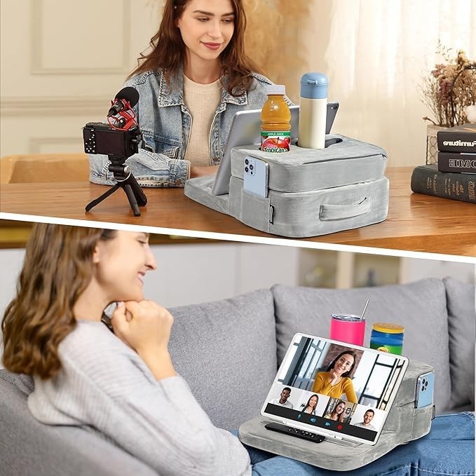TabCouchCaddy - Couch Cup Holder Tray Pillow - Bed, Caddy, Sofa, Grey