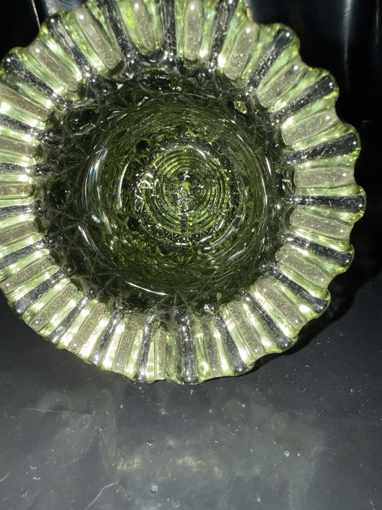Vintage Green Pressed Glass Bell Daisy Button Pattern Fluted Base 6” Tall