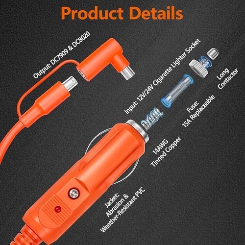 12V/24V Car Charging Cable for Portable Power Stations - 20FT, Compatible with E