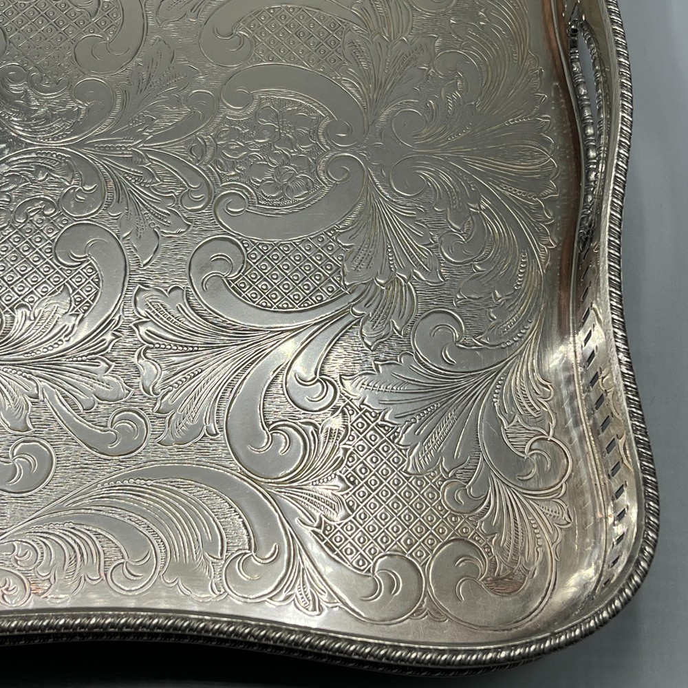 Vintage Silver Plate Footed Gallery Serving Tray Rectangular Serpentine Cocktail