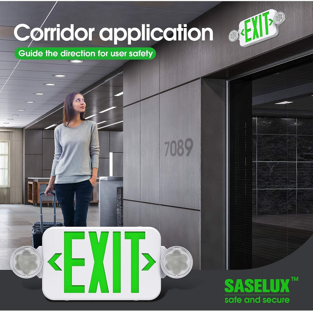 Green Led Exit Sign Emergency Light Combo Adjustable Two Head, Double Sided and