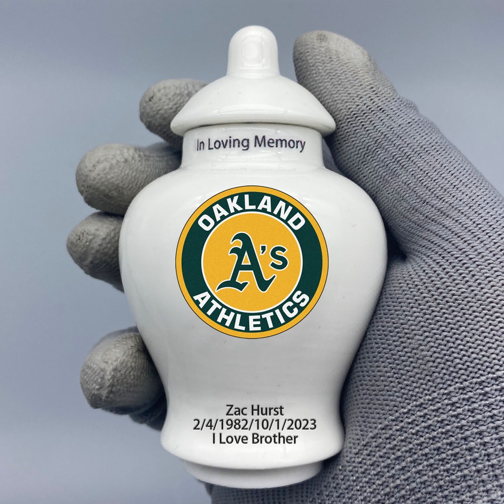Ceramic Baseball Urn – Oakland Athletics Theme, Custom Text