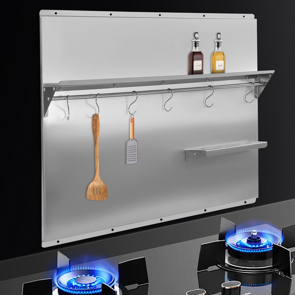 Range Backsplash Range Hood Wall Shield Splash Plate Stainless w/ Storage Shelf
