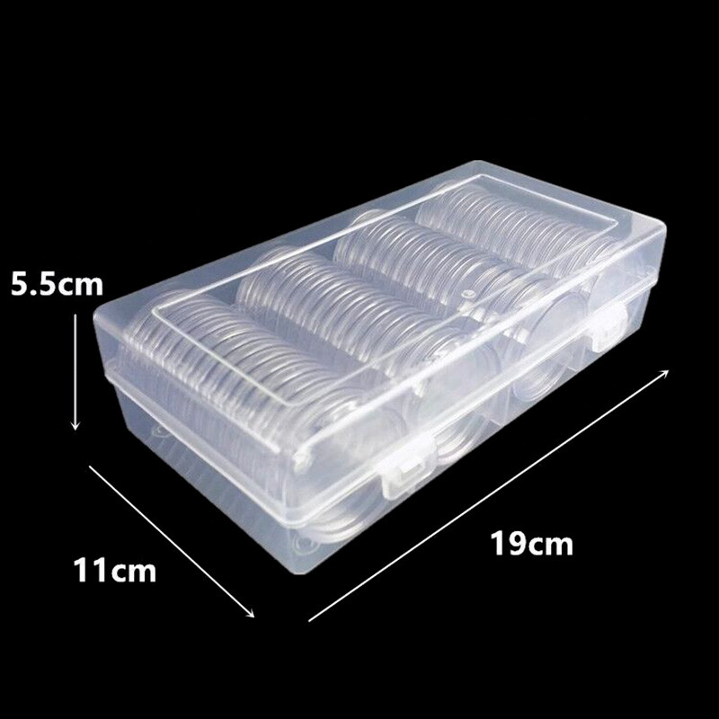 60Pcs 40mm Clear Round Plastic Coin Capsules with Plastic Storage Box Case