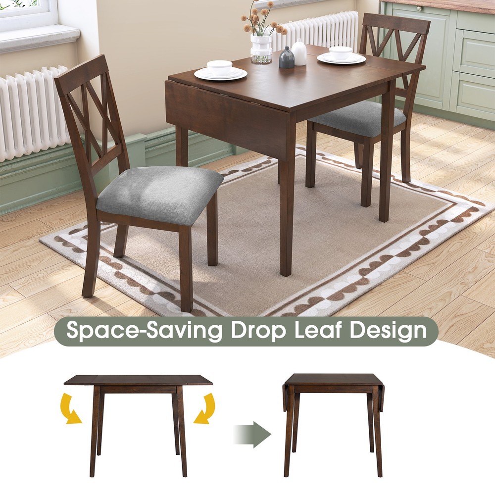 3 Piece Kitchen Dining Set with Drop Leaf Dining Table and 2 Dining Upholstere