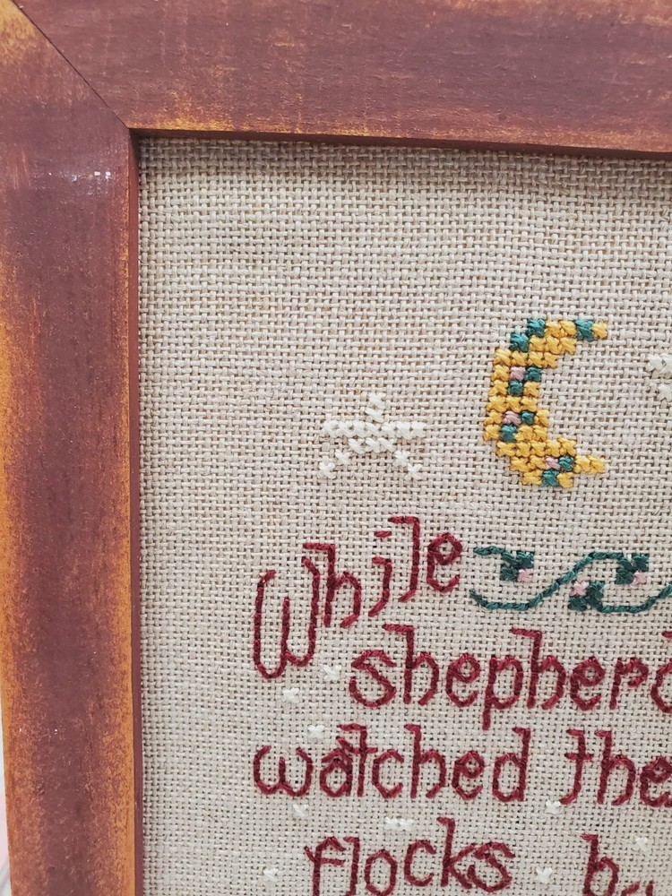 Custom Framed Completed Finished Cross Stitch Picture SHEPHERD & SHEEP Button (K