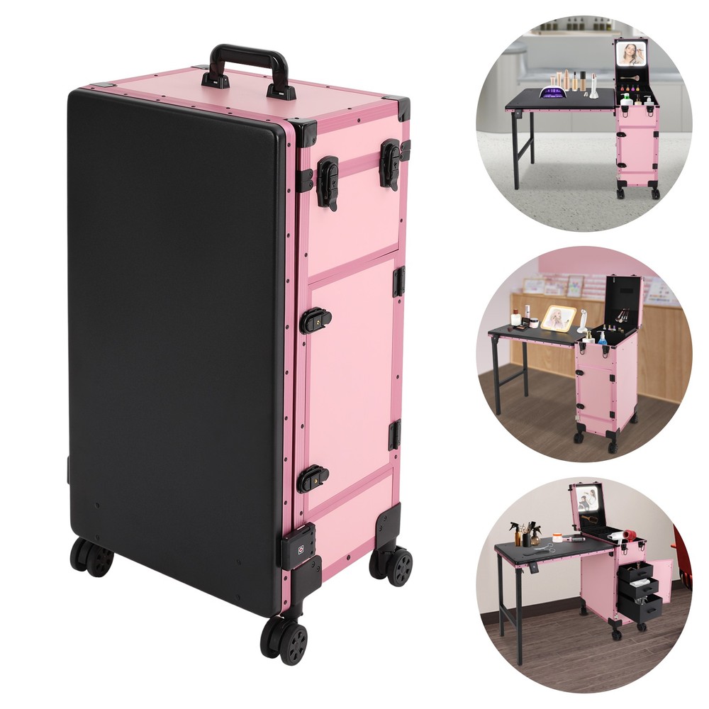 LED Light Rolling Makeup Train Case Nail Art Manicure Make-up Trolley w/Mirror