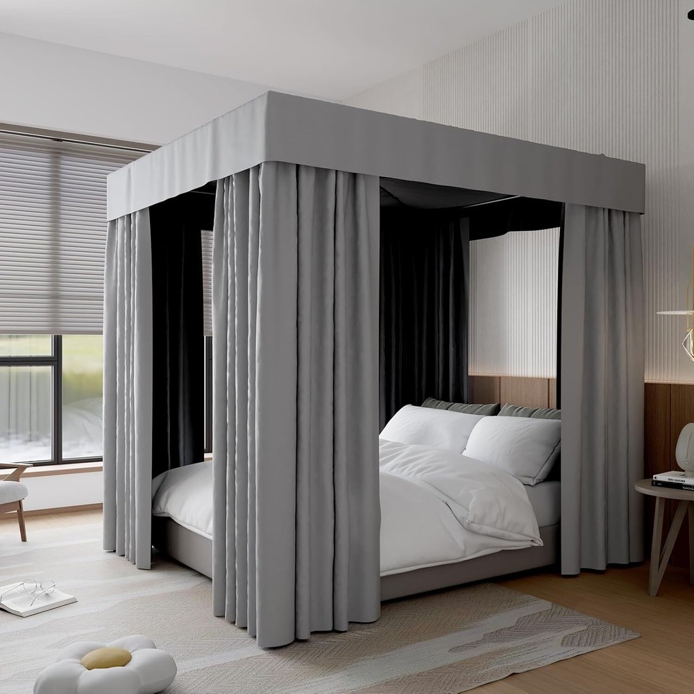 Black Queen Canopy Bed Curtains Lightproof 4 Corner Post Drapes Breathable Easy