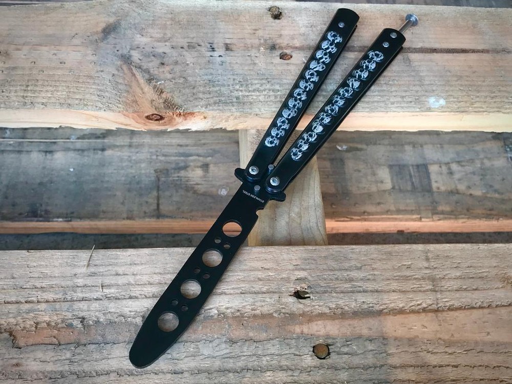 SILVER Skull High Quality Practice METAL Trainer Blade BUTTERFLY HANDLE