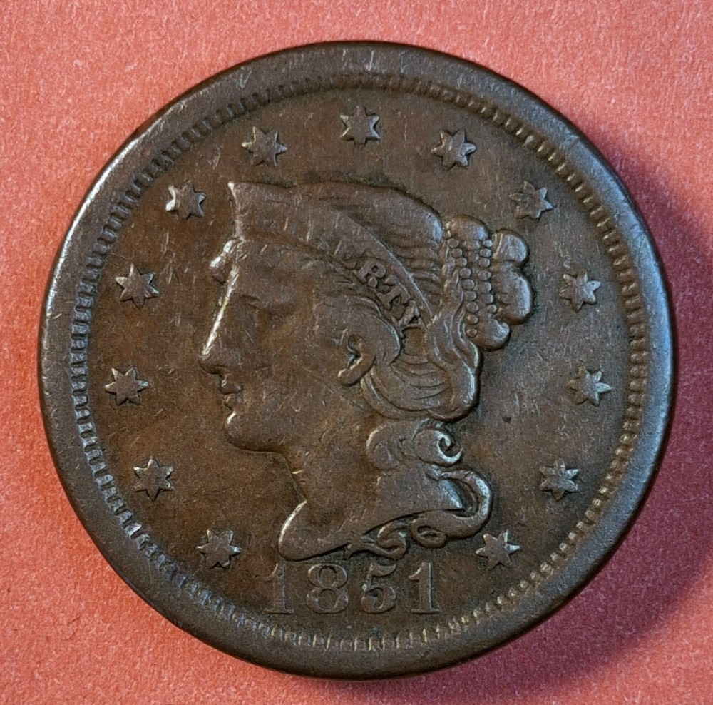 1851 Braided Hair Large Cent . VF