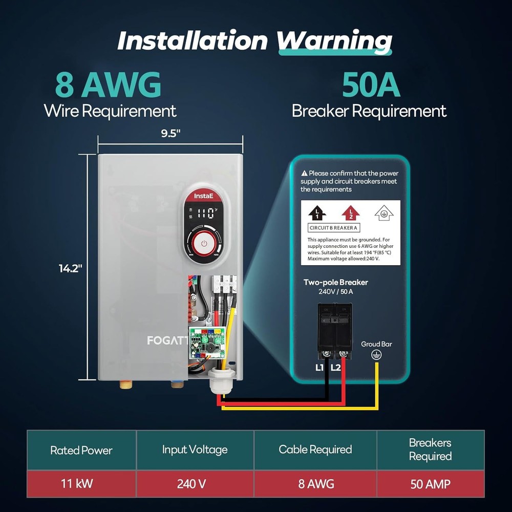FOGATTI 11kW Tankless Water Heater Electric 240V Up to 2.6 GPM ETL Certified