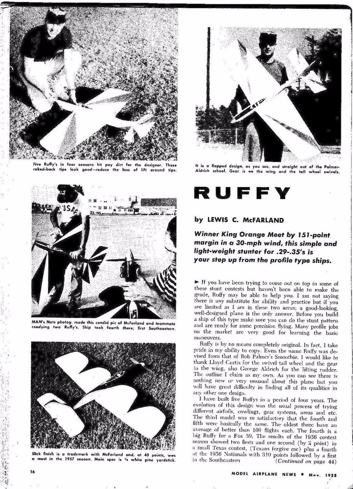 McFarland's RUFFY PLAN + CONSTRUCTION ARTICLE for 50" UC Stunt Model Airplane