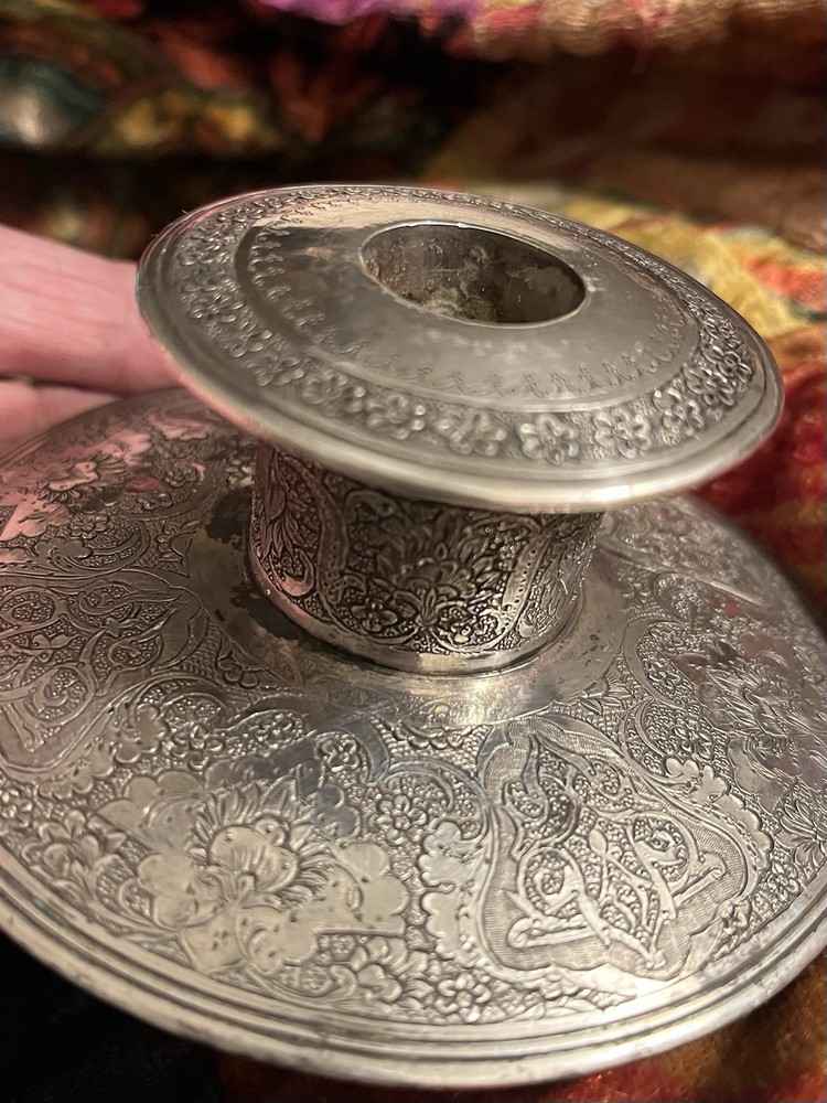 Silver antique Persian Candle Holder Floral Script solid silver 4 oz 39 gm
