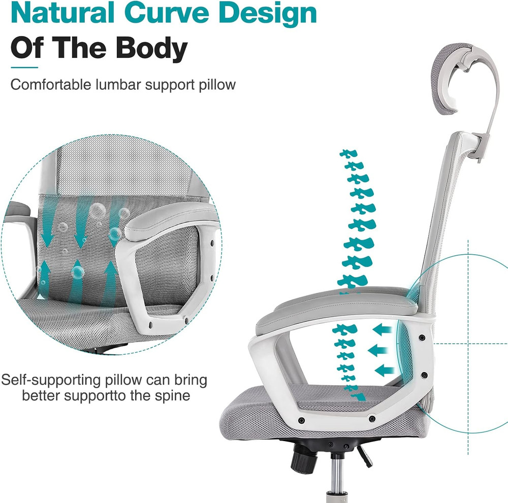 Ergonomic Mesh Office Chair with Adjustable Height & Headrest - Grey