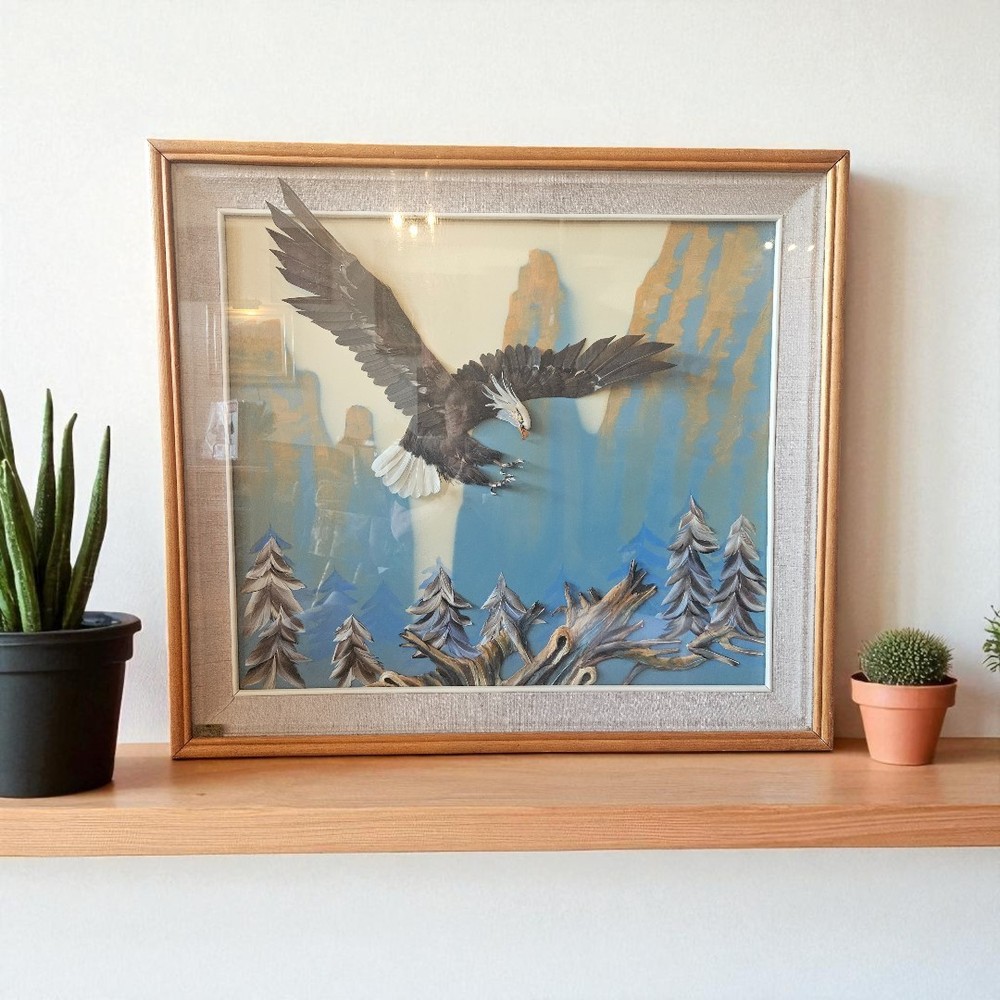 Multi Media 3D Bald Eagle in Flight Shadow Box Framed 37" x 33"