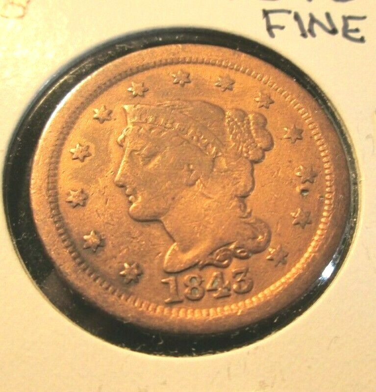 1843 US LARGE CENT RPD 8 OVER 8 GRADE FINE D17