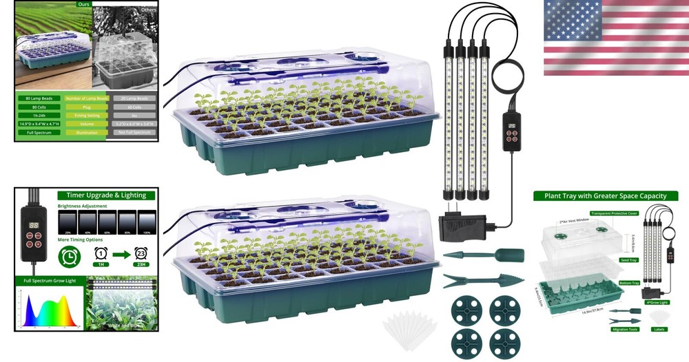 80 Cells Seed Starter Tray Kit with Grow Light & Intelligent Controller - 2 Pack