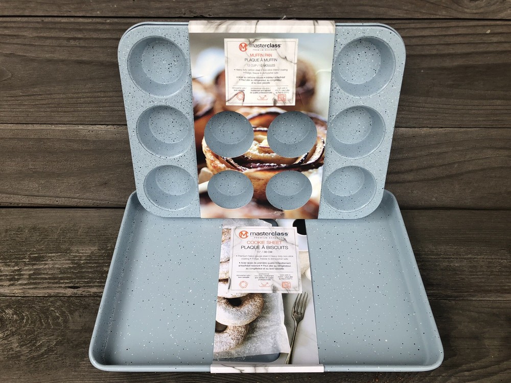 Masterclass Premium Bakeware. Muffin Pan & Cookie Sheet SET. Speckled Light Blue