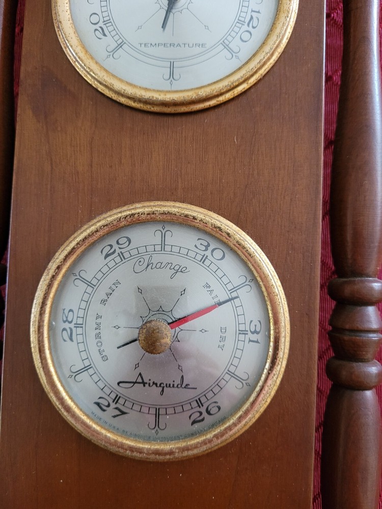 Vintage Airguide Ornate Thermometer, Barometer, Weather Station Solid Cherry